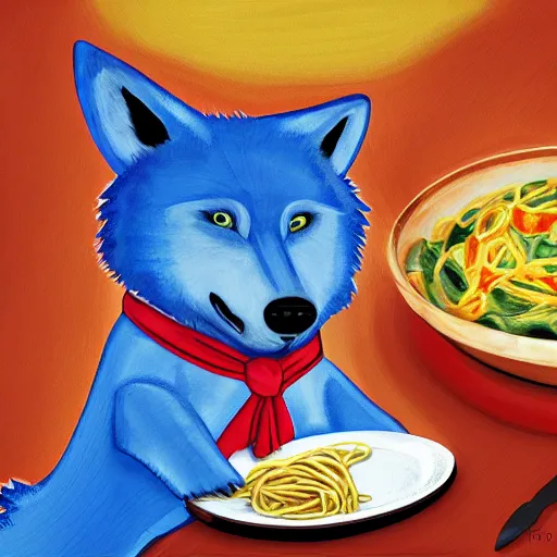 Image similar to a fat blue wolf wearing a red neckerchief eating pasta, digital art