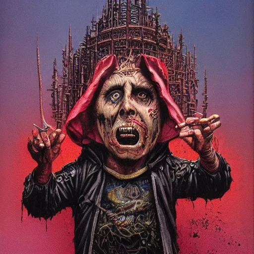 Prompt: Garbage Pail Kids trading card of Nicolas Cage as god of chaos in a hood dark fantasy, intricate, smooth, artstation, painted by Wayne Barlowe, zdislav beksinski