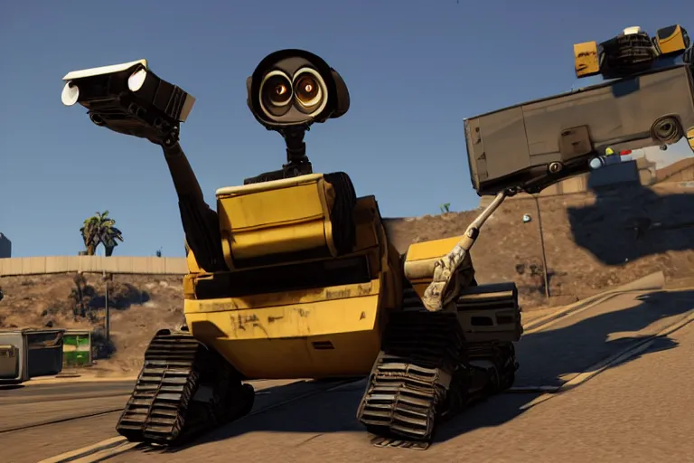 Image similar to wall - e in grand theft auto 5, heavy detailed, ultra high definition quality, gta 5 game engine graphics