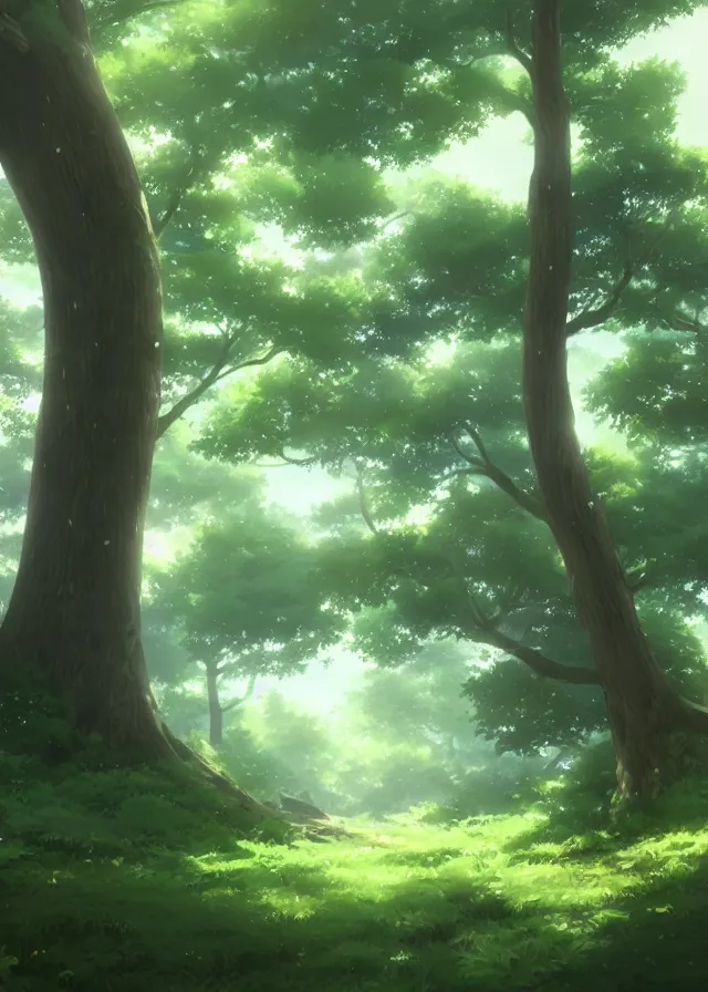 Prompt: grand green tree in a forest, makoto shinkai