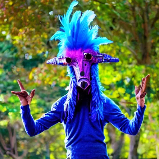 Prompt: A 4 legged tall alien creature with a hump covered in blue and magenta feathers, a long boney neck and face representing a plague doctor mask, high quality, hyper realistic