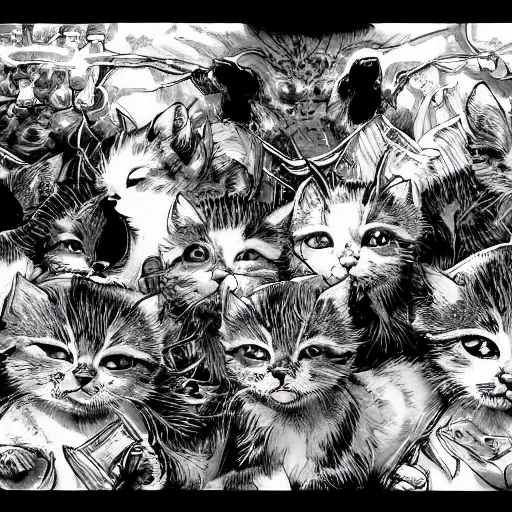 Image similar to Kittens summoning milk bones manga panel award winning black and white art by Kim Jung Gi highly detailed pen and ink matte painting