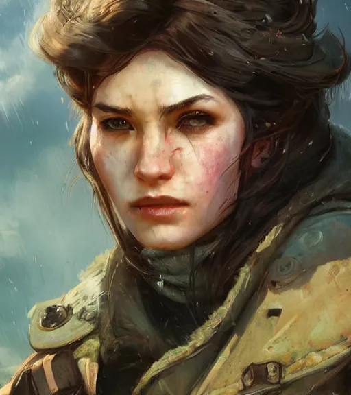 Image similar to fallout 5, charismatic beautiful armoured rugged brunette female protagonist, portrait, outdoors alaskan wilderness, atmospheric lighting, painted, intricate, volumetric lighting, beautiful, daytime, sunny weather, few clouds, sharp focus, deep colours, ultra detailed, art by krenz cushart and wenjun lin