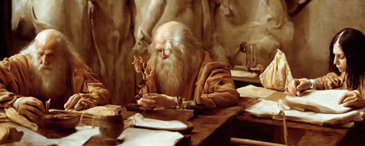 Image similar to leonardo da vinci studying spaghetti, note taking, small details, intricate, canon 8 0 mm, cinematic lighting, wes anderson film, kodachrome