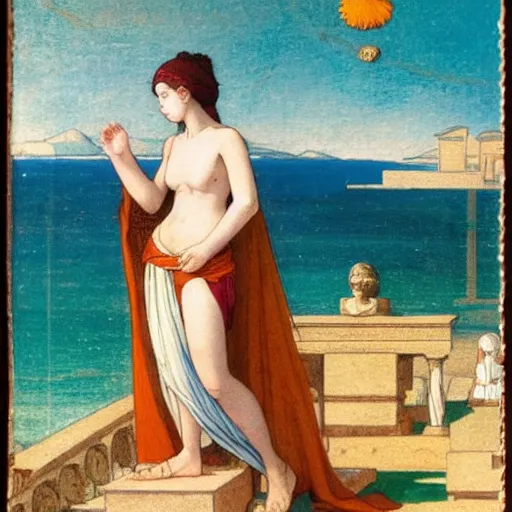 Image similar to A girl with ancient greek clothes on the front of a Balustrade with a beach on the background, major arcana, a colab between studio ghibli and paul delaroche, hyperrealistic