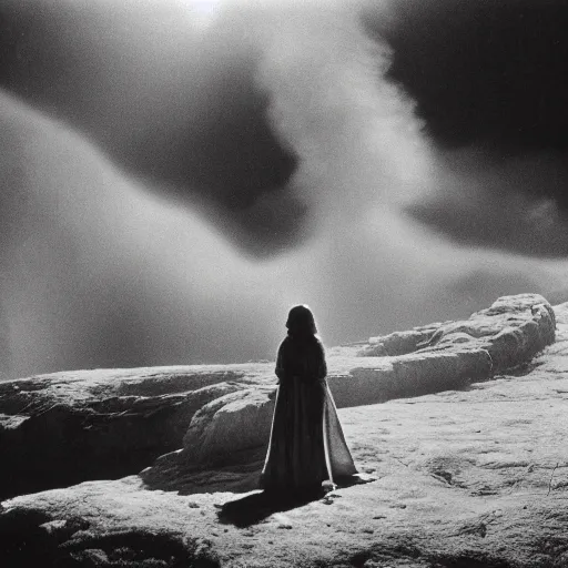 Image similar to 1 9 7 0's artistic spaghetti western movie, a woman in a giant billowy wide flowing waving dress made out of white smoke, standing inside a dark western rocky scenic landscape, volumetric lighting, backlit, moody, atmospheric