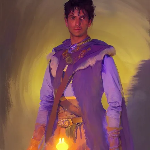 Prompt: an oil art portrait of young roma mage with purple neon magic in style of disco elysium character, paladin character design from d & d, art by anders zorn, wonderful masterpiece by greg rutkowski, beautiful cinematic light, american romanticism by greg manchess, jessica rossier