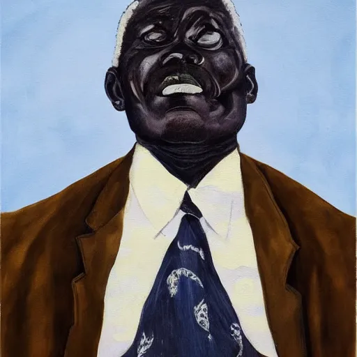 Image similar to a painting of a loving, caring fatherly wide forehead, aquiline nose, round face, XXL , generous, ever-present, humble, wise elder from Kenya in a suit by Wangechi Mutu . Fatherly/daddy, focused, loving, leader, relaxed. Blue background, heavenly lights, details, smooth, sharp focus, illustration, realistic, cinematic, artstation, award winning, rgb , unreal engine, octane render, cinematic light, macro, depth of field, blur, light and clouds, highly detailed epic cinematic concept art CG render made in Maya, Blender and Photoshop, octane render, excellent composition, dynamic dramatic cinematic lighting, aesthetic, very inspirational, arthouse.