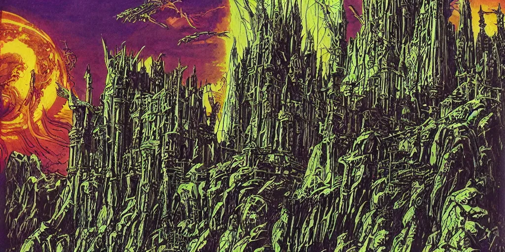 Prompt: scifi gothic castle bustling with orcs and elven mystics, by philippe druillet, psychedelic colors