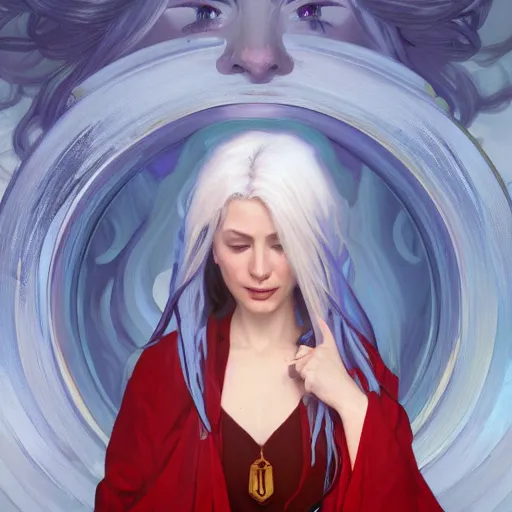 Image similar to oil painting of a priestess white haired women, cameraflash portrait by ilya kuvshinov, artgerm, alphonse mucha, and greg rutkowski, wearing blue coat, red makeup, wind mage, casting a spell, fantasy artwork, fantastic artwork, 4 k, trending on artstation