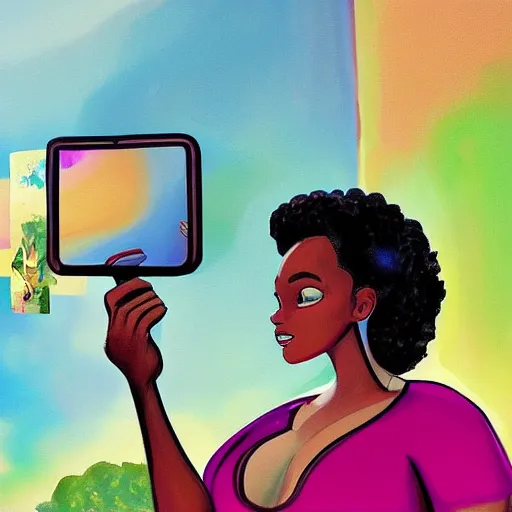 Image similar to stunning, coherent, beautiful painting, still of black bbw woman in wal-mart taking a selfie, a man is following her, 3d, in the style of pixar, comic book style, 3d, highly detailed, highly detailed, sharp focus, bokeh, depth of field, 16k resolution, Unreal Engine 5, coherent, cinematic lighting, photorealistic, by Zhang Jingna