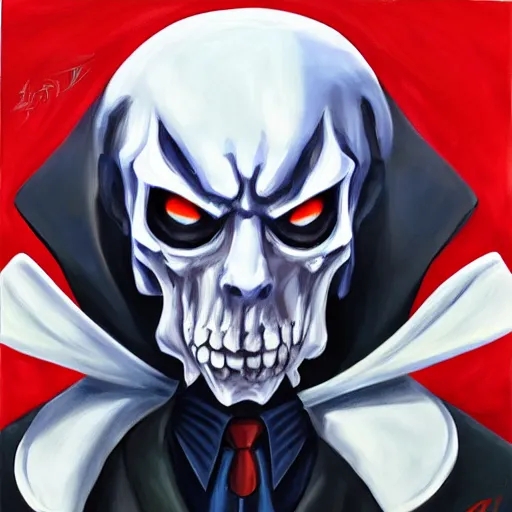 Prompt: Trending on artstation, Grim Reaper Vladimir Putin from Yu-Gi-Oh, in the style of Kazuki Takahashi, oil on canvas