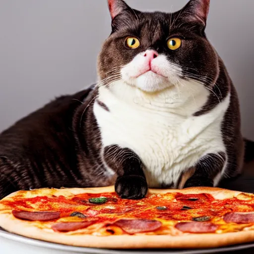 Image similar to Photo of A very fat cat eating a slice of pizza