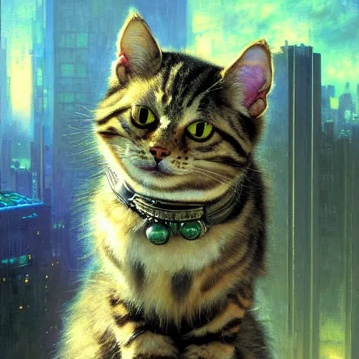 Image similar to portrait of a furry fluffy female tabby cat in a business suit. shadowrun cyberpunk furaffiniy fantasy highly detailed painting by gaston bussiere craig mullins jc leyendecker gustav klimt artgerm greg rutkowski john berkey, bergey, craig mullins, ruan jia, raymond swanland, jeremy mann, tom lovell, alex malveda