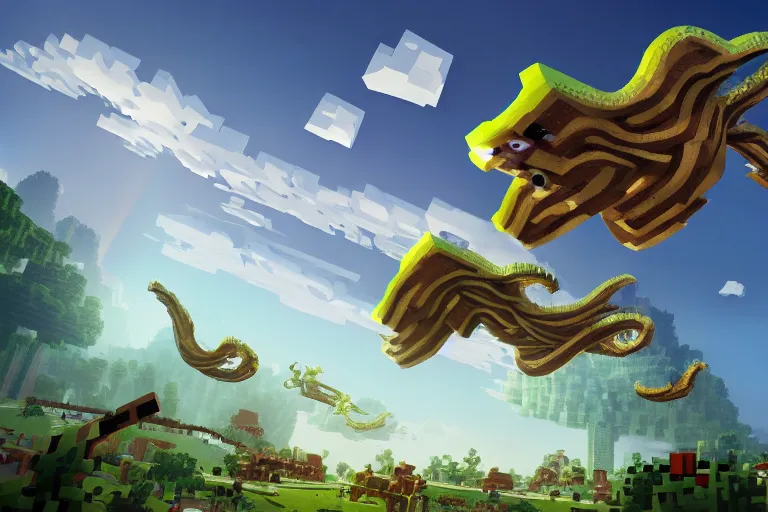 Image similar to giant squids battling in the sky, minecraft, artstation, highly detailed