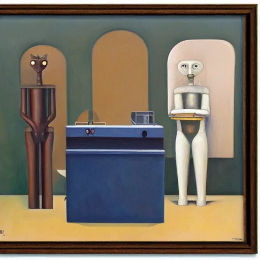 Image similar to three brutalist feline robots portrait, grant wood, pj crook, edward hopper, oil on canvas