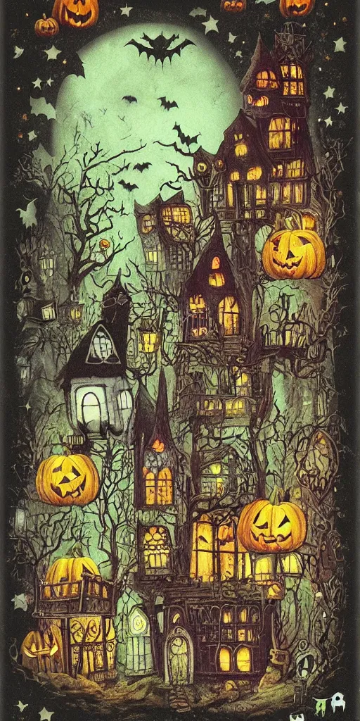 Prompt: a halloween ghost scene by alexander jansson, joel fletcher, owen klatte, angie glocka, justin kohn, maurice sendak. halloween palette.