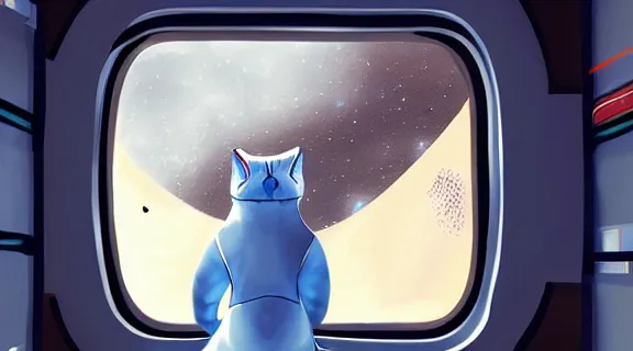 Image similar to cat seen from behind wearing a spacesuit in a space station watching the stars trough a large window, digital painting, dramatic lighting, highly detailed, artstation, concept art