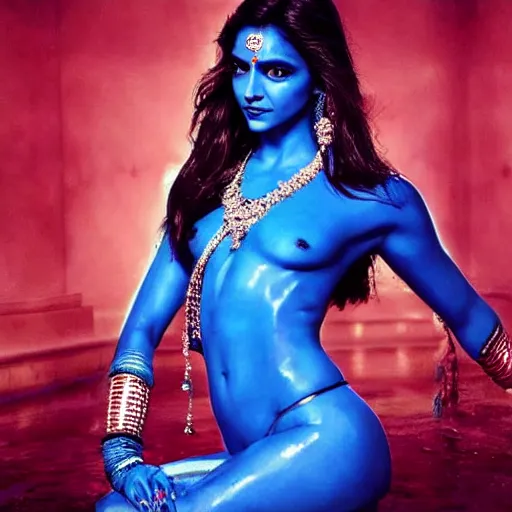 Image similar to extremely beautiful deepika padukone as a blue - skinned indian goddess with six arms, symmetric, aesthetic!!!, cosplay, studio lighting, beautiful symmetric face, clean composition, highly symmetric body parts, gazing eyes, blue skin, blue body paint