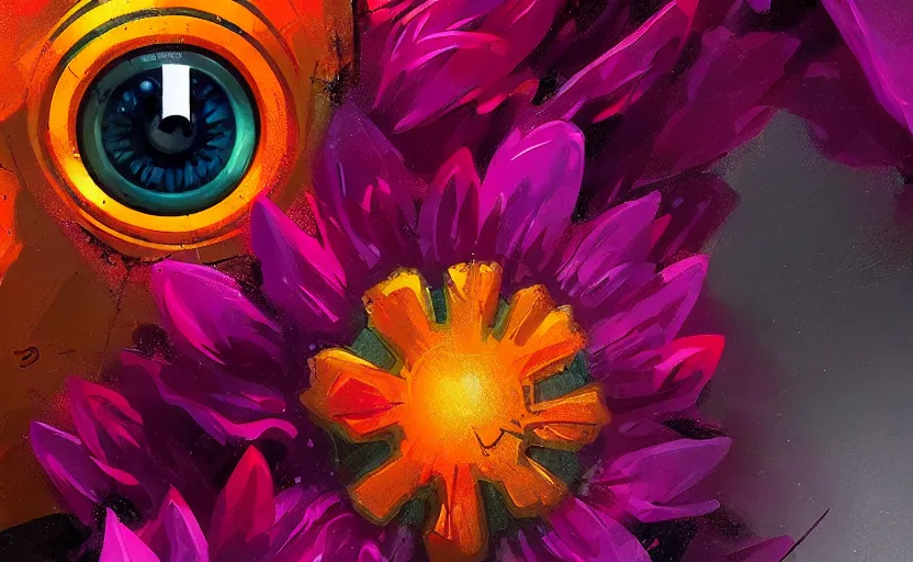 Image similar to close up of a beautiful flower with robot eyes in the middle maximalist bold colors by Greg rutkowski