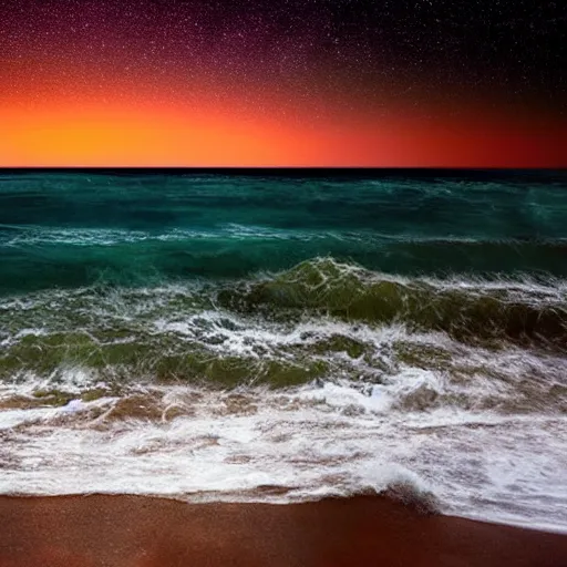 Prompt: a photo taken by shore of the ocean on an alien planet that shows the water all the way to the horizon and the night sky that has many colorful galaxies and stars in it