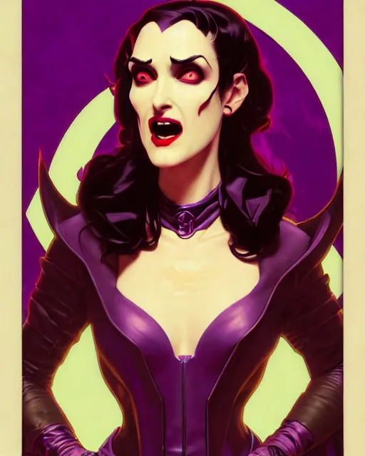 Image similar to winona ryder as scream queen, supervillain, villainess, pulp femme fatale, comic cover painting, masterpiece artstation. 8 k, sharp high quality artwork in style of wayne reynolds, alphonse mucha, greg rutkowski, and don bluth, concept art by jack kirby, blizzard warcraft artwork, hearthstone card game artwork