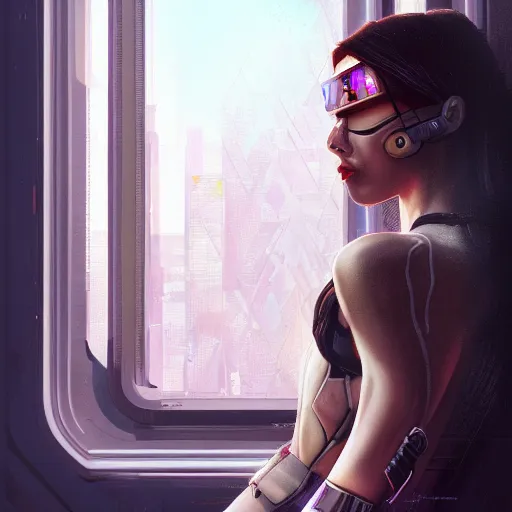 Image similar to portrait of cyberpunk woman looking out of a window, cyberpunk setting, futuristic, highly detailed, intricate lighting, digital painting, sharp focus, illustration, trending on artstation, by rob rey