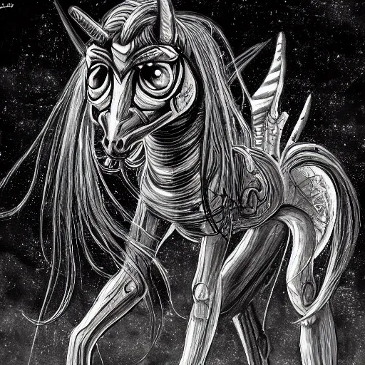 Prompt: detailed black and white science fiction painting of my little pony in the style of h r giger and wayne barlowe