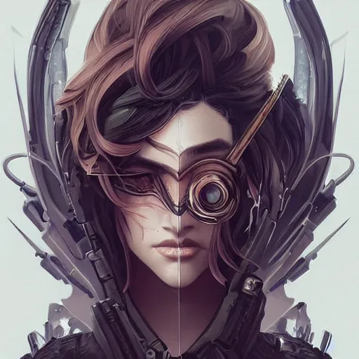 Image similar to evil hero infernal sniper, heroine, beautiful, detailed symmetrical close - up portrait, intricate complexity, in the style of artgerm and peter mohrbacher, cel - shaded