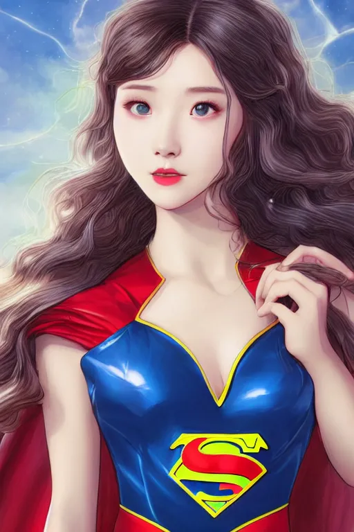 Image similar to Protrait of a Beautiful IU from Hotel del Luna as supergirl, unreal engine, detailed face, rule of thirds, captivating and enticing, , by James Jean