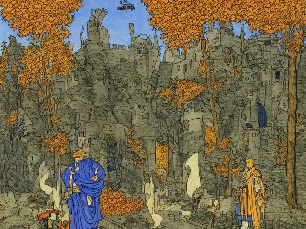 Image similar to cyberpunk king man with hovercraft at a castle in autumn. painting by limbourg brothers, moebius