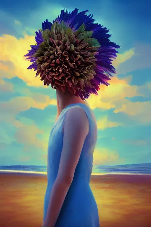 Image similar to closeup girl with huge dahlia flower head, portrait on beach, surreal photography, blue sky, sunrise, dramatic light, impressionist painting, digital painting, artstation, simon stalenhag