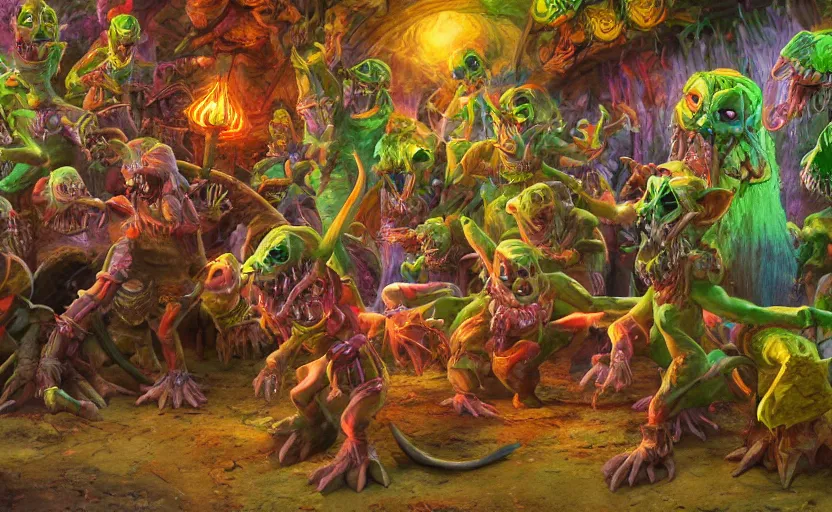 Image similar to goblins dancing in a colorful dungeon, high detail, cover art, epic composition, no text, 4K Ultra HD