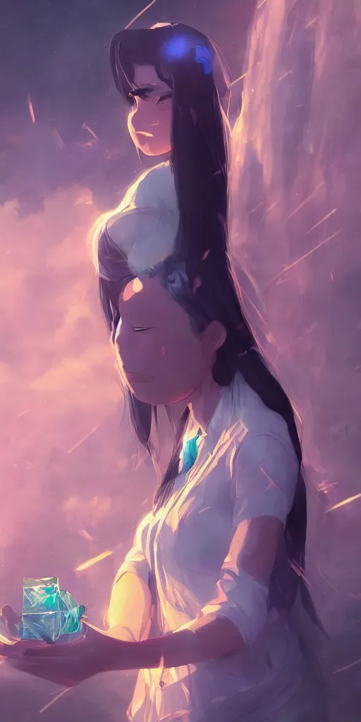 Image similar to beautiful young Himalayan woman with psychic powers, holding crystals, sad, futuristic, somber, by Makoto Shinkai, by rossdraws, dramatic lighting, reflective light