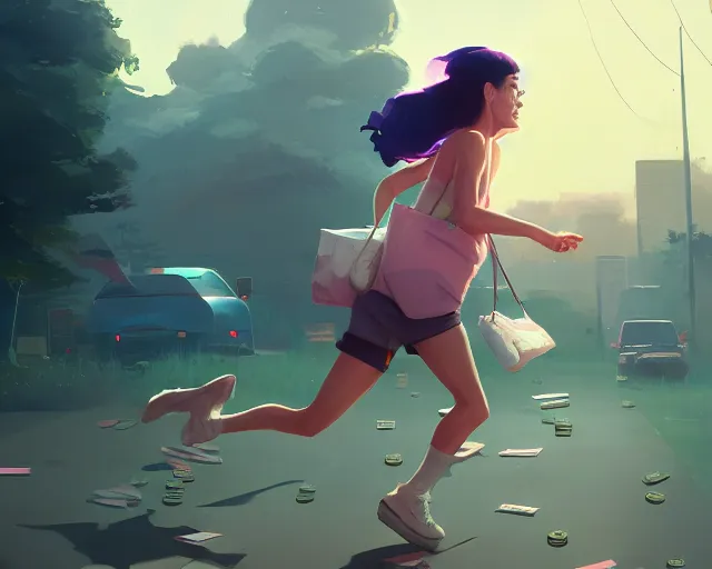 Image similar to barefooted katy perry running from the cops holding bags of money, sylvain sarrailh, artstation, ismail inceoglu, ross tran, makoto shinkai