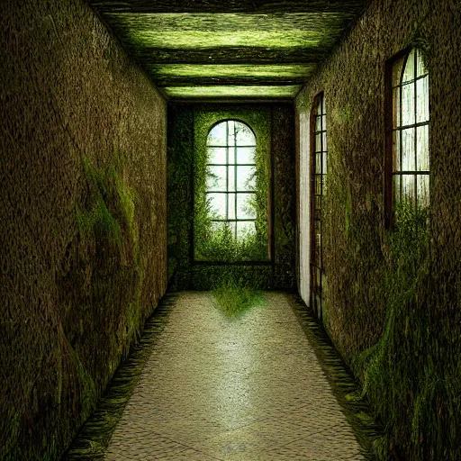 Image similar to overgrown hallway immaculate scale matte painting