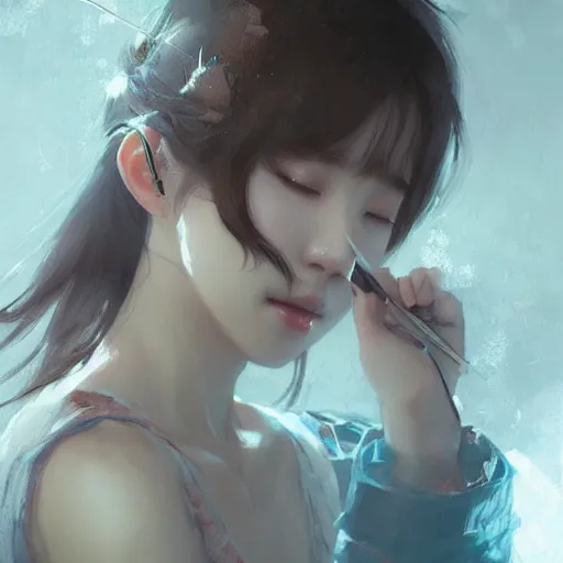 Image similar to IU, Korean Idol, Korean Artist, very detailed, digital art, concept art, studio quality, ethereal, art style by Greg Rutkowski