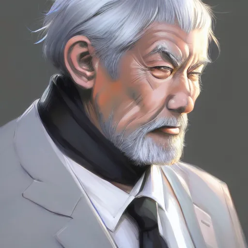 Prompt: anime portrait of a middle aged man, gray hair by Stanley Artgerm Lau, WLOP, Rossdraws, James Jean, Andrei Riabovitchev, Marc Simonetti, and Sakimichan, trending on artstation