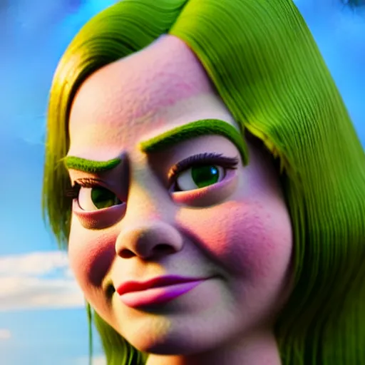 Image similar to Emma Stone as a female version of Shrek, she has shrek nose, ears features, with green skin, fully detailed, high quality , 4k , octane render , soft lightening , masterpiece