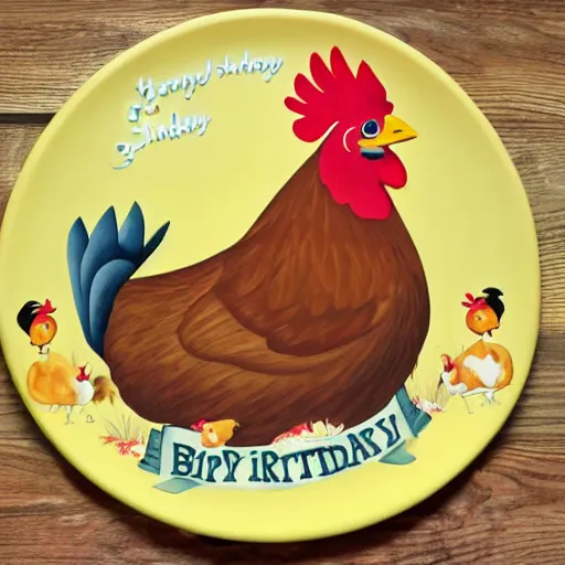 Prompt: barnyard photo with a birthday cake on a platter next to a light yellow baby chick and big rooster