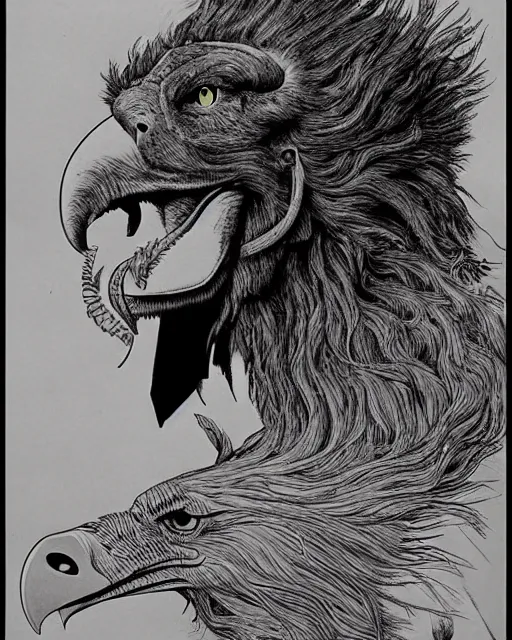 Image similar to a creature with the body and eyes of a man, beak of an eagle, the mane of a lion, two horns of an ox. drawn by moebius