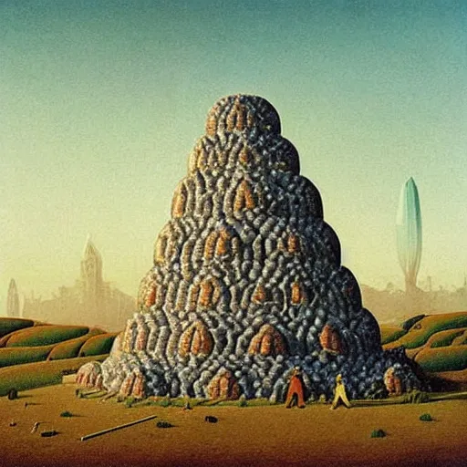 Image similar to The land art depicts a city made entirely out of kulich, a traditional Russian Easter bread. The city is bustling with activity, as people go about their day-to-day lives. The illustration is playful and whimsical, with a touch of magic. by Franz Sedlacek