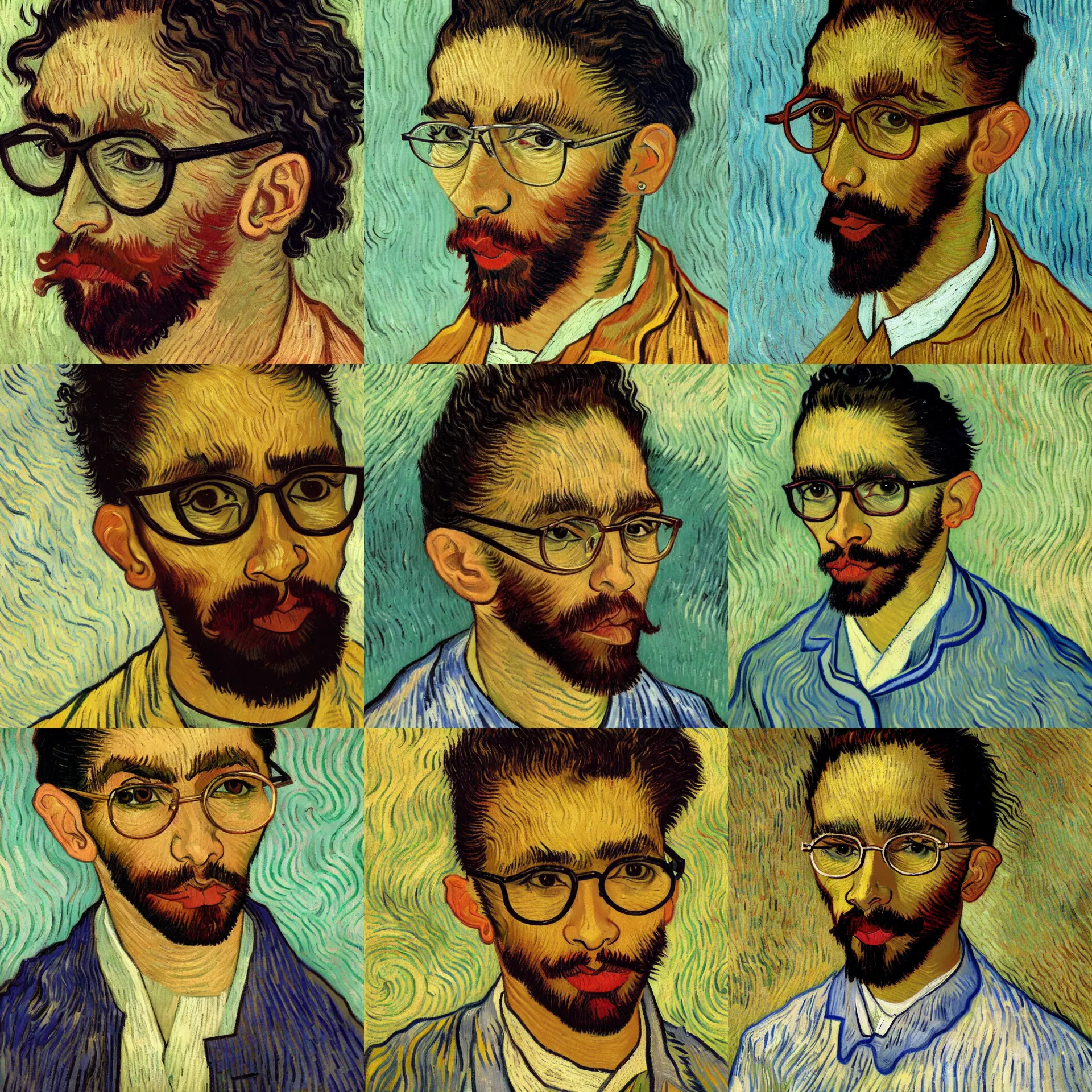 Prompt: 3 / 4 view portrait of a latino skinny young man, brown skin, wavy short hair, goatee, sad looking eyes, wearing glasses, straight nose, close up, light brown background, painted by vincent van gogh