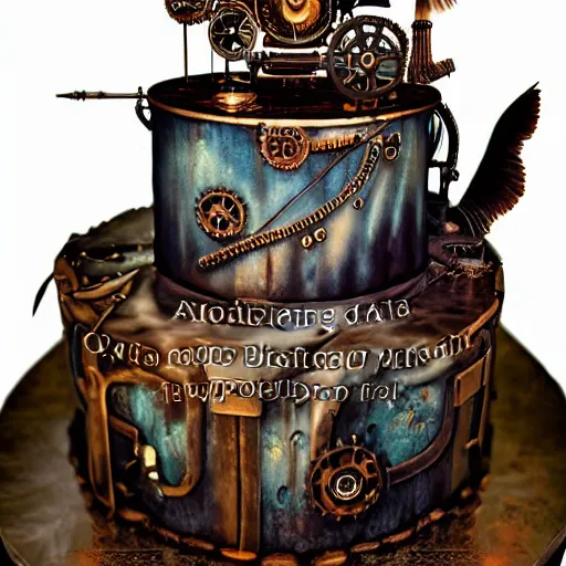 Image similar to a beautiful detailed 3 d matte portrait of a steam punk birthday cake, ominous, magical realism, texture, intricate, whirling smoke radiant colors, fantasy, volumetric lighting, high details