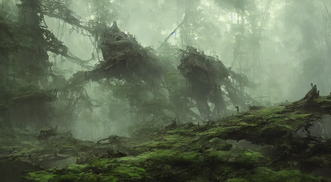 Prompt: rusty naval dreadnought shipwreck in a lush forest, sci-fi, ivy, moss, trending on artstation, concept art by Ruan Jia and Greg Rutkowski and Sebastian Luca, global illumination