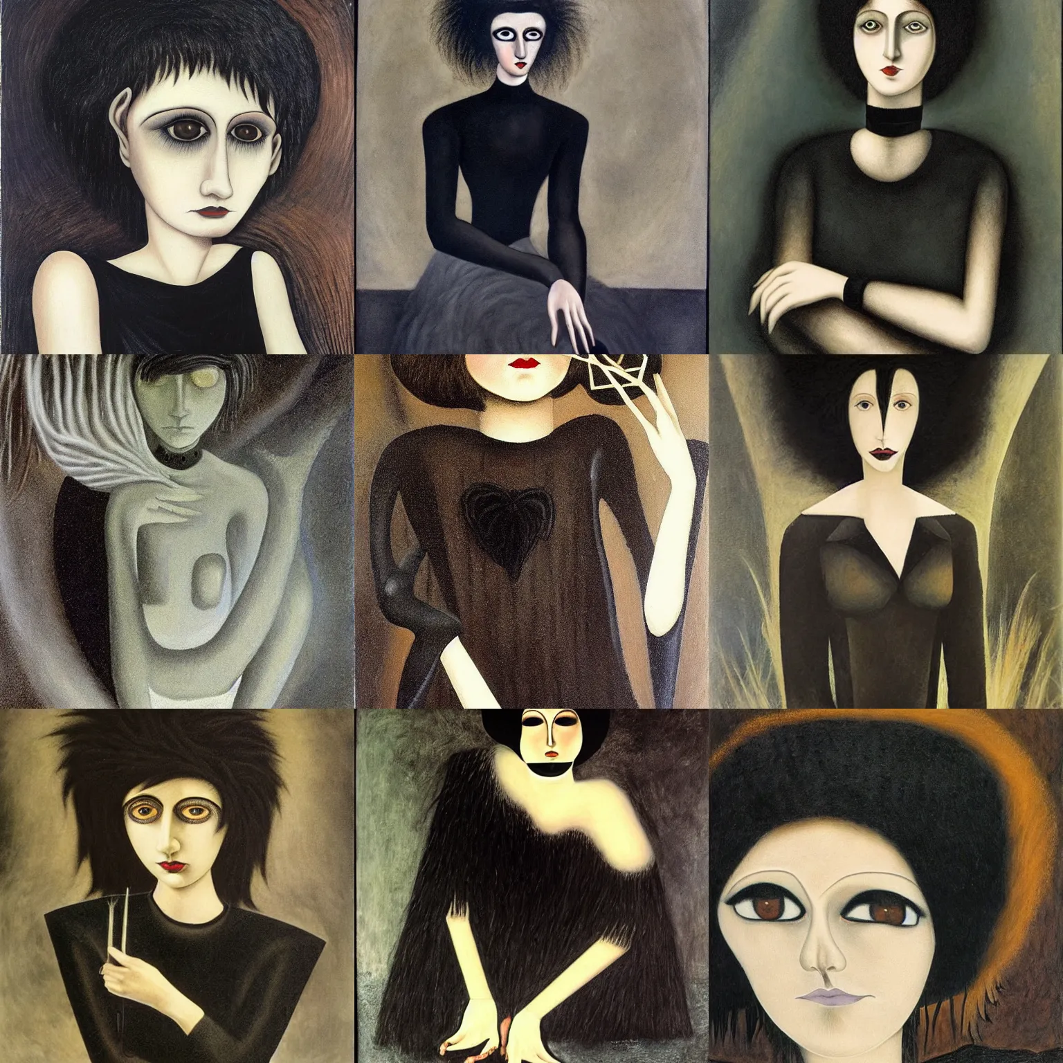 Prompt: an emo by remedios varo. her hair is dark brown and cut into a short, messy pixie cut. she has large entirely - black eyes. she is wearing a black tank top, a black leather jacket, a black knee - length skirt, a black choker, and black leather boots.