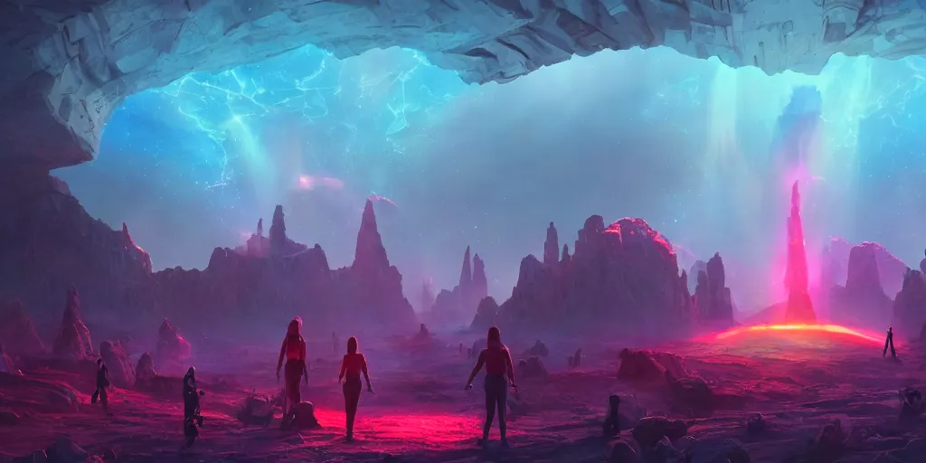 Prompt: ancient alien portal, crowd of androids, beams of light from sky, matte painting, electric sky, dreamscape, stars, global illumination, the great beyond, trending on artstation, color palette of movie mandy 2 0 1 8