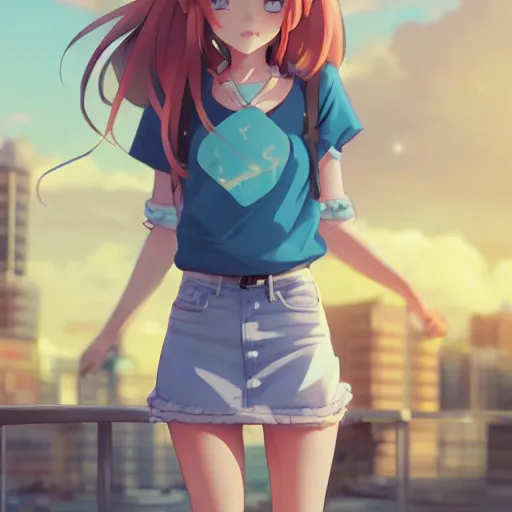 Image similar to a very beautiful anime girl, full body, long golden hair, sky blue eyes, full round face, short smile, mini jeans skirt, cute top, urban setting, cinematic lighting, medium shot, mid-shot, highly detailed, trending on Artstation, Unreal Engine 4k, cinematic wallpaper by Stanley Artgerm Lau, WLOP, Rossdraws, James Jean, Andrei Riabovitchev, Marc Simonetti, and Sakimichan