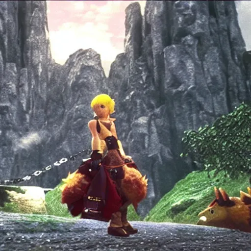 Prompt: final fantasy chocobo old film footage