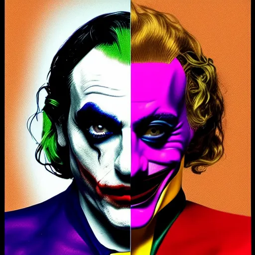 Prompt: richard hamilton and mimmo rottela as lady gaga harley queen and joaquin phoenix joker kissing, pop art, 2 color, left and right align separate, object details, dynamic composition, 4 k, ultra realistic art, smooth, sharp focus, full body portrait, illustration, concept art, intricate details, h 7 6 8